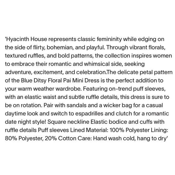 Hyacinth House Hyacinth House Blue Ditsy Floral Pai Mini Dress NWT Size Small - Picture 6 of 8